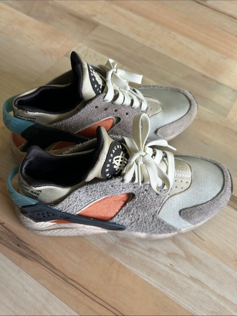 Nike Huarache Neutral Tan and Orange Sneakers with Blue Heel Clip